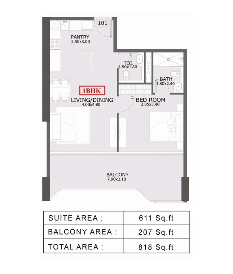 1-bedroom · 611 sq ft suite